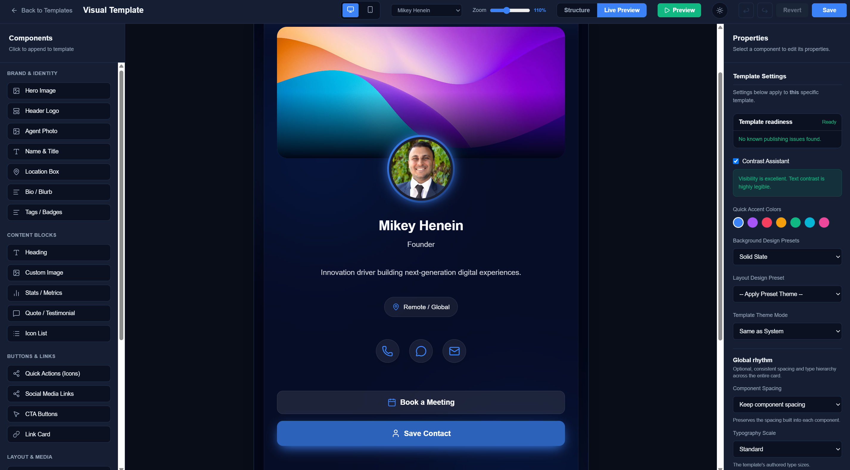Visual template editor with a component palette, a live card preview and a properties panel with a readiness check, contrast assistant, accent colors and layout presets