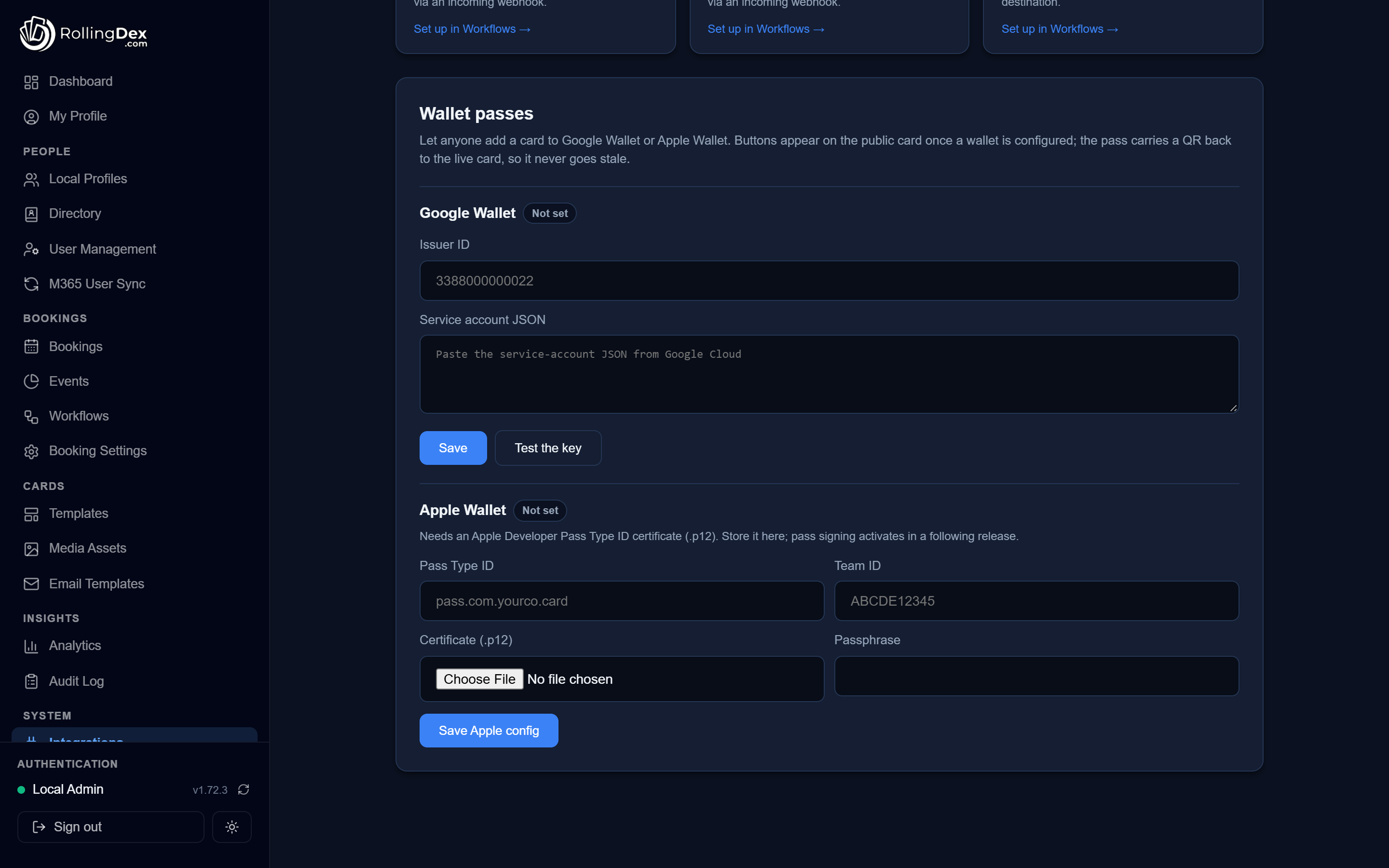 Wallet passes settings for Google Wallet and Apple Wallet, noting the pass carries a QR back to the live card